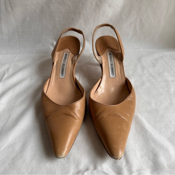 Manolo Blahnik Maysale Tan Leather Pointed Toe Sling Back Strap Heel EU Size 38 - Picture 3 of 6